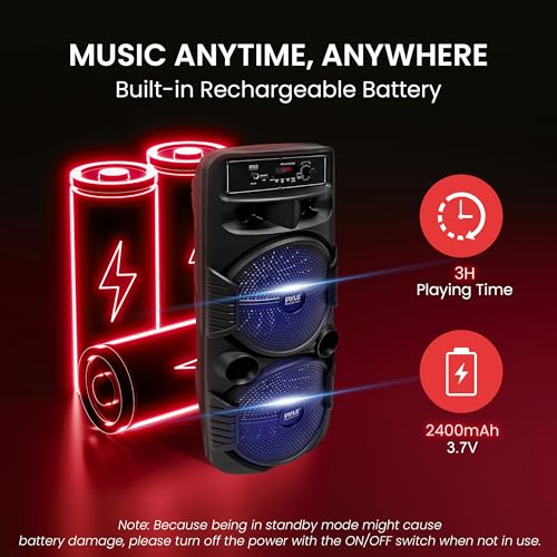Pyle Portable Bluetooth PA Speaker System - 600W Rechargeable Outdoor Bluetooth Speaker Portable PA System w/ Dual 8” Subwoofer 1” Tweeter, Microphone In, Party Lights, USB, Radio, Remote - PPHP2835B