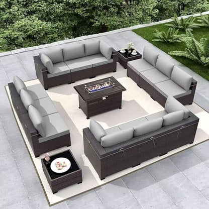 Gotland 15 Pieces Patio Furniture Set with Fire Pit Table, All Weather Rattan Outdoor Furniture with 29.5'' High Backrest 4’’ Thick Cushions Coffee Table, Patio Set for Porch, Deck, Backyard, Gray