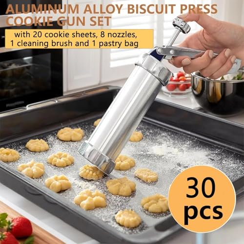 Stainless Steel Cookie Press Kit with Reinforced Handle, Professional Spritz Cookie Maker Gun with 20 Discs, 8 Icing Tips, Piping Bag & Brush, Durable Baking Set for DIY Holiday Cookies & Churros