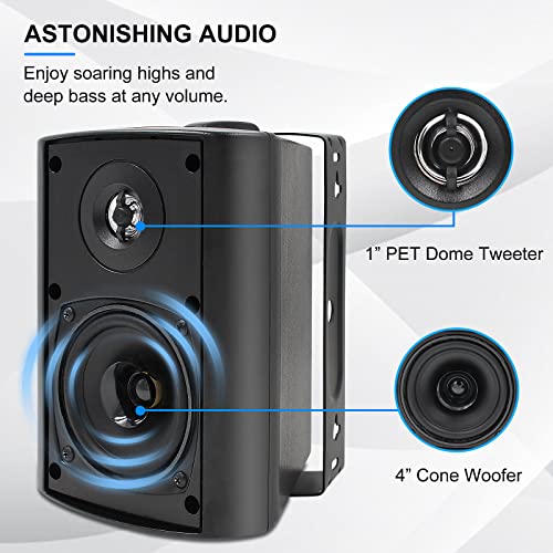 Herdio Passive Outdoor Speakers Wired Waterproof, 4 Inches 2-Way 400W Wall Mounted Speakers with Dome Tweeter, All-Weather Durability, for Patio Porch Backyard (2Pairs, Black)