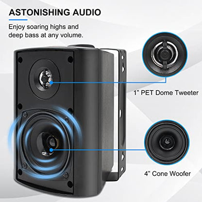 Herdio Passive Outdoor Speakers Wired Waterproof, 4 Inches 2-Way 400W Wall Mounted Speakers with Dome Tweeter, All-Weather Durability, for Patio Porch Backyard (2Pairs, Black)