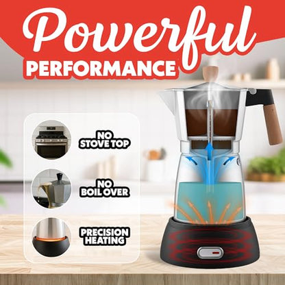Gourmia Electric Moka Pot Espresso Maker – 6 Shot Italian-Style Coffee Brewer, 550W Detachable 360° Cordless Base, Food-Grade Aluminum, Beechwood Handle
