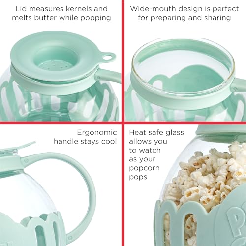 Ecolution Patented Micro-Pop Microwave Popcorn Popper with Temperature Safe Glass, 3-in-1 Lid Measures Kernels and Melts Butter, Made Without BPA, Dishwasher Safe, 3-Quart, Aqua