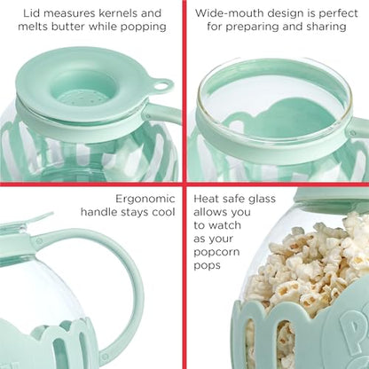 Ecolution Patented Micro-Pop Microwave Popcorn Popper with Temperature Safe Glass, 3-in-1 Lid Measures Kernels and Melts Butter, Made Without BPA, Dishwasher Safe, 3-Quart, Aqua