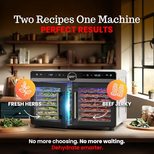 Magic Mill Premium DualZone Food Dehydrator, 16 Stainless Steel Trays with French Doors, Independent Temp Control, Rear Fan, Keep Warm Mode, for Jerky, Fruit, Veggies, Dog Treats, Meal Prep