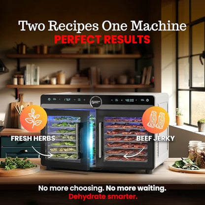 Magic Mill Premium DualZone Food Dehydrator, 16 Stainless Steel Trays with French Doors, Independent Temp Control, Rear Fan, Keep Warm Mode, for Jerky, Fruit, Veggies, Dog Treats, Meal Prep