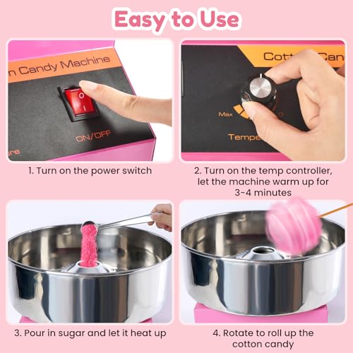 Cotton Candy Machine Commercial, Ajgvq Upgraded 1000W Efficiently Cotton Candy Maker with Stainless Steel Bowl, Bowl Cover, Sugar Scoop, Easy & Safe to Use, Candy Floss Maker for Home, Party, Festival