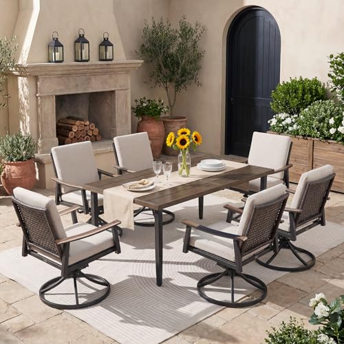 NATURAL EXPRESSIONS 7 Piece Patio Dining Set for 6 Outdoor Furniture Set,6 Pcs Outdoor Rattan Wicker Swivel Chairs with Woodgrain Armrest, 65" Large Dining Table with 1.65'' Umbrella Hole for Garden