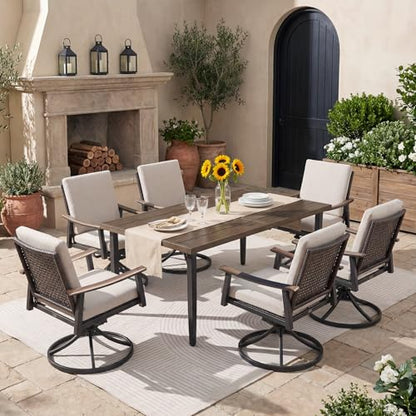 NATURAL EXPRESSIONS 7 Piece Patio Dining Set for 6 Outdoor Furniture Set,6 Pcs Outdoor Rattan Wicker Swivel Chairs with Woodgrain Armrest, 65" Large Dining Table with 1.65'' Umbrella Hole for Garden