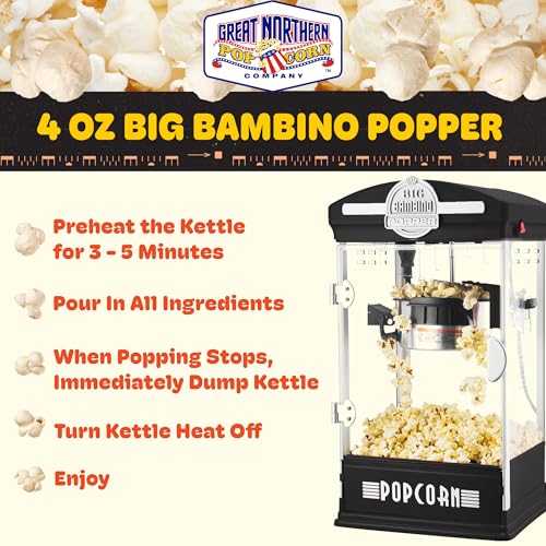 Popcorn Machine - Big Bambino Old-Fashioned Popper with 4-Ounce Kettle, Measuring Cups, Scoop, and Serving Cups by Great Northern Popcorn (Black)