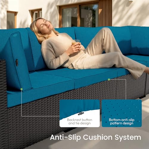 LAWNOOK Patio Furniture Set - All-Weather - 10 Piece Patio Outdoor Conversation Set, Modular Wicker Rattan Sectional Sofa for Backyard, Garden, Poolside, Balcony, Porch, Patio, Black/Peacock Blue