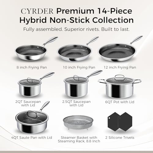 Nonstick Pots and Pans Set, 14 Piece Hybrid Hex Non Stick Stainless Steel Cookware with Frying Pans, Saute Pan, Saucepans & Stock Pot - Induction Compatible, Dishwasher &Oven Safe, PFOA Free