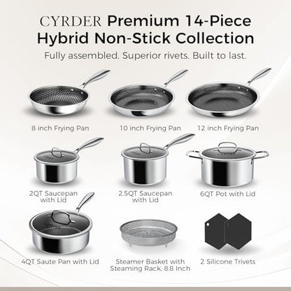 Nonstick Pots and Pans Set, 14 Piece Hybrid Hex Non Stick Stainless Steel Cookware with Frying Pans, Saute Pan, Saucepans & Stock Pot - Induction Compatible, Dishwasher &Oven Safe, PFOA Free