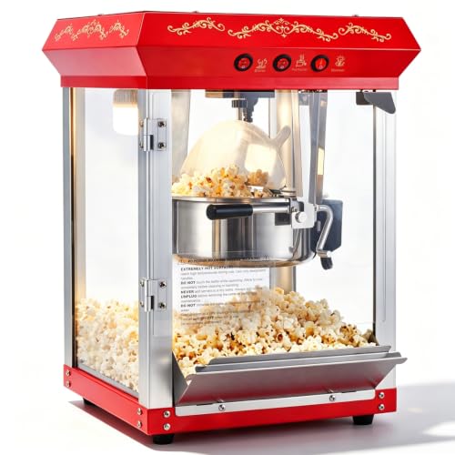 Watereem Popcorn Machine, 8 Oz Stainless-Steel Kettle Makes Up to 32 Cups - Vintage Movie Theater Style Pop Corn Maker Machine with 3-Switch Control, LED Warm Light, Scoop, Glove & Popcorn Bags