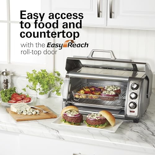 Hamilton Beach Air Fryer Toaster Oven Combo with Large Capacity, Fits 6 Slices or 12” Pizza, 4 Cooking Functions for Convection, Bake, Broil, Roll-Top Door, Easy Reach Sure-Crisp, Stainless Steel