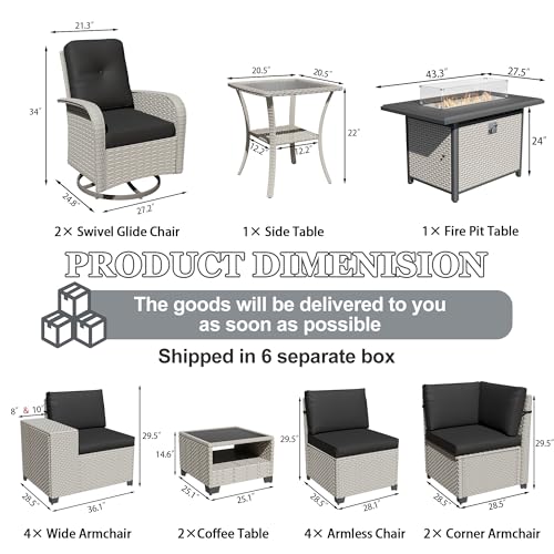 wallowsun 16-Piece Outdoor Patio Furniture Set, Modular Sectional Sofa Set with Swivel Rocker Chairs & Fire Pit, Wicker Outdoor Couch Conversation Sets w/Coffee Table and Cushions, Black