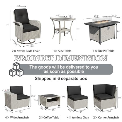 wallowsun 16-Piece Outdoor Patio Furniture Set, Modular Sectional Sofa Set with Swivel Rocker Chairs & Fire Pit, Wicker Outdoor Couch Conversation Sets w/Coffee Table and Cushions, Black
