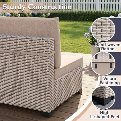 SnugVista Patio Furniture Set, 10-Piece Outdoor Sectional Sofa with 60,000 BTU Fire Pit Table & Ottomans, Wicker Patio Conversation Set with Coffee Table, Khaki Cushions
