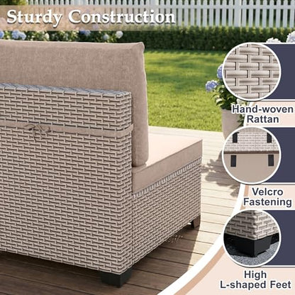 SnugVista Patio Furniture Set, 10-Piece Outdoor Sectional Sofa with 60,000 BTU Fire Pit Table & Ottomans, Wicker Patio Conversation Set with Coffee Table, Khaki Cushions