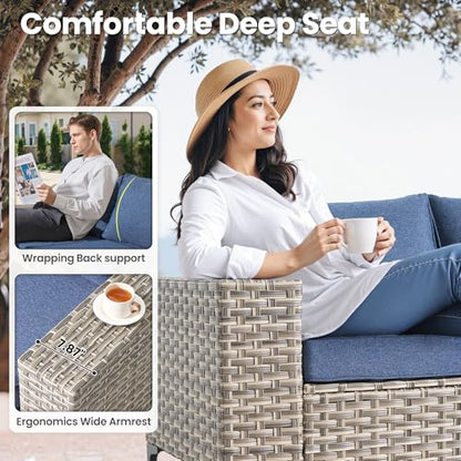 ovios 5-Piece Patio Furniture Set with L-Shaped Sofa Chaise, Outdoor Modular Sectional Couch Coffee Table, Modern Wicker Rattan Conversation Set, Denim Blue