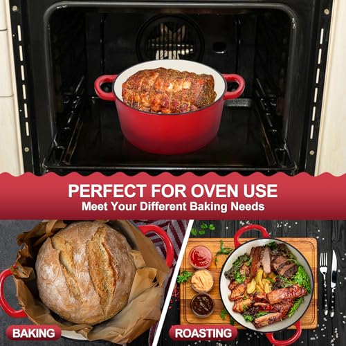 P&P CHEF 5QT Enameled Dutch Oven, Cast Iron Dutch Oven Pot with Lid for Bread Baking, Enameled Casserole Pot for Roasting Braising Stewing Frying Simmering, Various Stoves & Easy Clean, Red