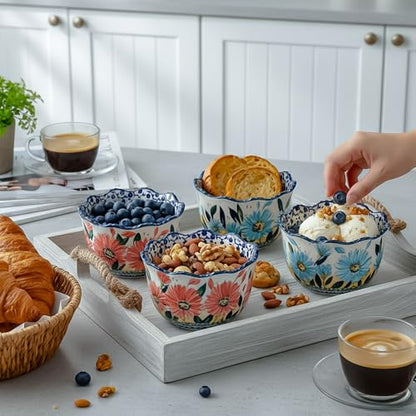 KXZ Ceramic Ramekins Set of 4 – 13.5 oz Oven Safe Small Bowls for Baking and Serving, Porcelain Souffle Cups Dessert Bowls for Creme Brulee, Custard, Dips & Snacks – Hand-Painted Floral Ramekin Set