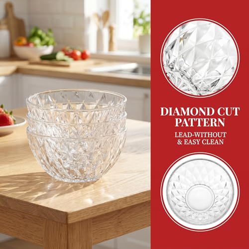 Jucoan 12 Pack 10 oz Small Glass Bowls, 5 Inch Diamond Cut Glass Prep Bowls, Stackable Salad Bowl for Dessert, Ice Cream, Fruit, Cereal, Candy, Yogurt