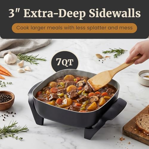 Elite Gourmet PFAS-Free Ceramic Electric Skillet, Extra Deep 12"x12"x3", Less Splatter, Dishwasher Safe, Rapid Heat, EG2313, 1200W, Black