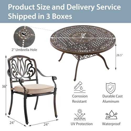 AIWOEN 5-Piece Cast Aluminum Patio Furniture, Outdoor Dining Sets for 4 Include 54" Round Patio Dining Table and 4 Stackable Chairs with Cushions & Umbrella Hole (Bronze)