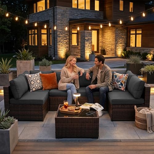 Decksplore 7 Piece Outdoor Patio Furniture Set, Rattan Weather-Resistant Outdoor Conversation Set, Outside Furniture Sectional Sofa Set with 4.3" Anti-Slip Cushions, Glass Table & Rain Cover, Gray