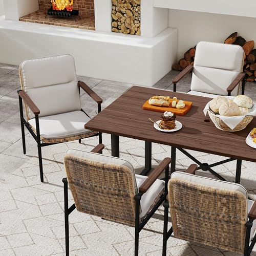HAPPATIO Aluminum Patio Dining Chairs Set 4 Pieces, All-Weather Wicker Rattan Outdoor Dining Chairs with Wooden Armrests & Cushions, Classic Outdoor Seating for Garden, Lawn, Backyard