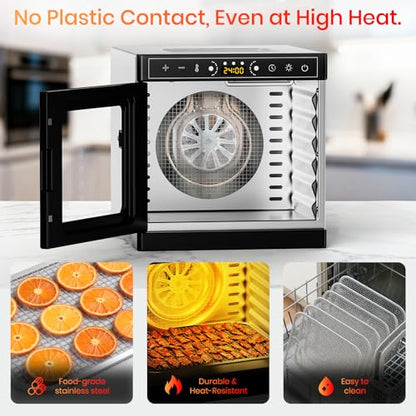 Food Dehydrator Machine, 6 Stainless Steel Trays, 400W Fruit Dehydrator with Visible Skylight, 195°F&24H Meat Dehydrator for Jerky, Pet Treats, Herbs, Fruit and Yogurt, Silver
