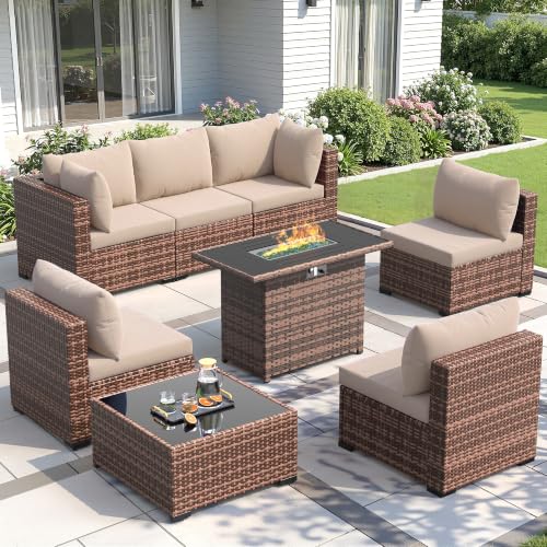Amopatio 8 Pieces Patio Furniture Set with Fire Pit Table, All-Weather Outdoor Sectional, Wicker Modular Conversation Set for Garden, Backyard, Porch, Balcony, Khaki