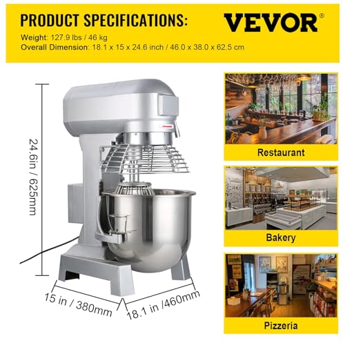 Happybuy 10Qt Commercial Food Mixer with Timing Function， Commercial Mixer 500W Stainless Steel Bowl Heavy Duty Electric Food Mixer Commercial with 3 Speeds Adjustable, Perfect for Bakery Pizzeria