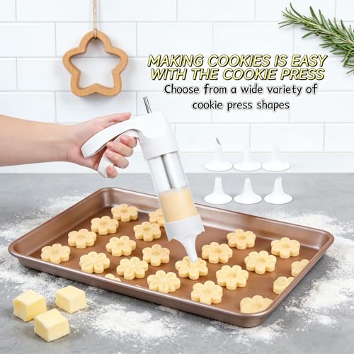 Cookie Press Gun Kit: 12 Discs & 6 Nozzles for Easy Baking. Make Spritz Cookies, Biscuits & Cheese Press. Ideal for Sweet & Cake Decorations. Includes 6 Piping Tips.