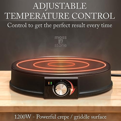 Moss & Stone 12” Electric Griddle Pan & Crepe Machine, Non-Stick Electric Crepe Maker with Adjustable Temperature, Includes Spreader & Spatula – Ideal for Pancakes, Blintzes & Tortillas