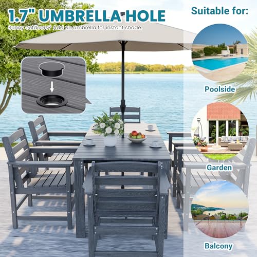 PamapicLife Outdoor HDPE Dining Table Set, 10-Piece Outdoor Dining Table Sets, Wood Grain Patio Furniture Sets with Umbrella Hole for Porch, Backyard, Gray