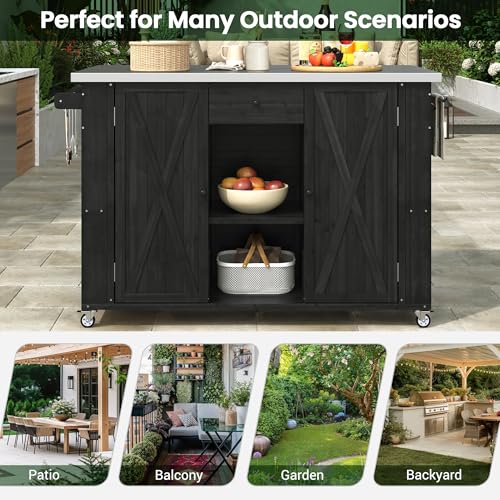 LUMISOL Outdoor Grill Cart with Stainless Steel Top, Farmhouse Kitchen Island with Storage, Fir Wood Rolling Bar Table with Spice & Towel Rack, and a Bottle Opener, Black