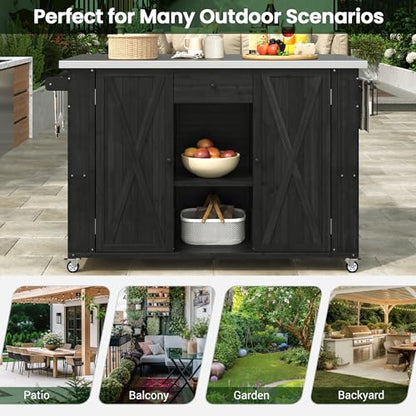 LUMISOL Outdoor Grill Cart with Stainless Steel Top, Farmhouse Kitchen Island with Storage, Fir Wood Rolling Bar Table with Spice & Towel Rack, and a Bottle Opener, Black