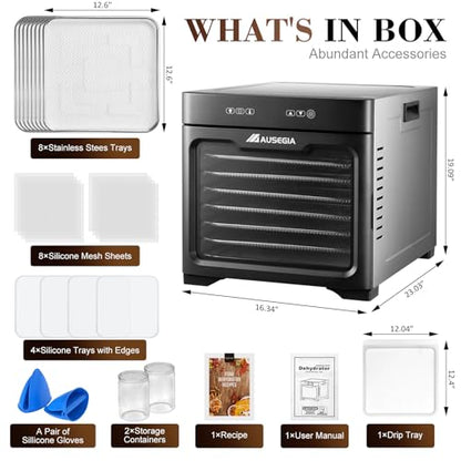 Ausegia Commercial Large Food Dehydrator, Usable Area up to 9 ft², 800W Full Stainless Steel Dryer Machine, up to 190℉ Temperature, for Meat, Fruit, Veggies, Beef, Herbs