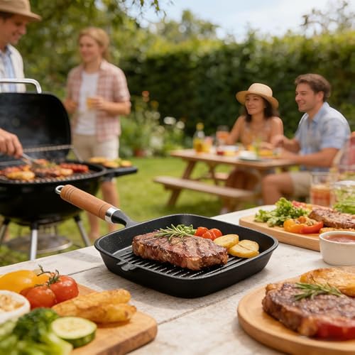 JSY Sun Cast Iron Grill Pan, 9 Inch Griddle Pan with Kitchen Tong & Oil Brush, Gilling Skillet with Pour Spout & Grill Lines for Searing Steak, Stove Tops Gas Induction Campfire Compatible, PFOA Free
