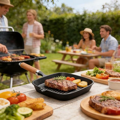 JSY Sun Cast Iron Grill Pan, 9 Inch Griddle Pan with Kitchen Tong & Oil Brush, Gilling Skillet with Pour Spout & Grill Lines for Searing Steak, Stove Tops Gas Induction Campfire Compatible, PFOA Free