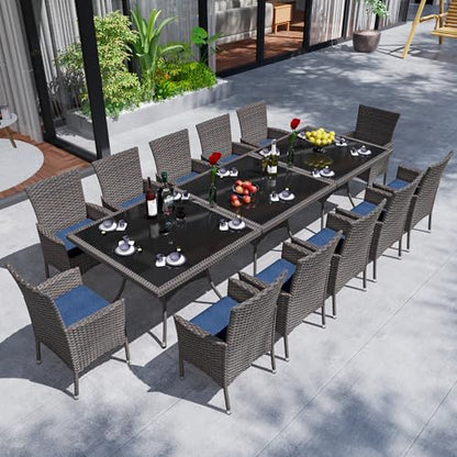 Trumbeak 15 Piece Outdoor Dining Set,Rattan Patio Conversation Set of 12 Chairs,Patio Dining Table and Chairs w/Cushions,Square Glass Tabletop,Umbrella Cutout for Patio,NavyBlue