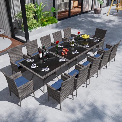 ASJMR 15 Pieces Dining Sets for 12 with Rattan Wicker Dining Set Chairs and Square Table Glass Top with Umbrella Cutout, Outdoor and Indoor Set for Patio, Backyard, Garden, Poolside, Kitchen- Navy
