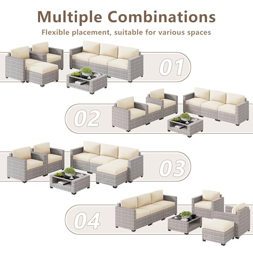 LOUVIXA 7 Piece Outdoor Patio Furniture Set, Rattan Chairs Glass Table Wicker Conversation Seating Sectional Sofa with Cushions (Grey White-Beige, 7Pcs-2 Layer Coffee Table)