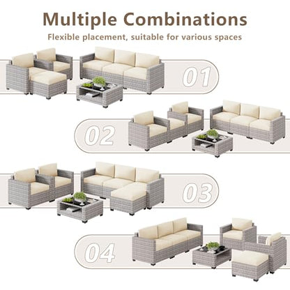 LOUVIXA 7 Piece Outdoor Patio Furniture Set, Rattan Chairs Glass Table Wicker Conversation Seating Sectional Sofa with Cushions (Grey White-Beige, 7Pcs-2 Layer Coffee Table)