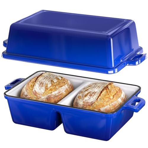 SEFILENCE Double Dutch Oven for Sourdough Bread Baking,Enameled Cast Iron Dutch Oven with Lid,Double-Chamber Square Mini Sourdough Loaf Pan for Homemade Bread,Dark Blue(Patent Has Been Applied for)