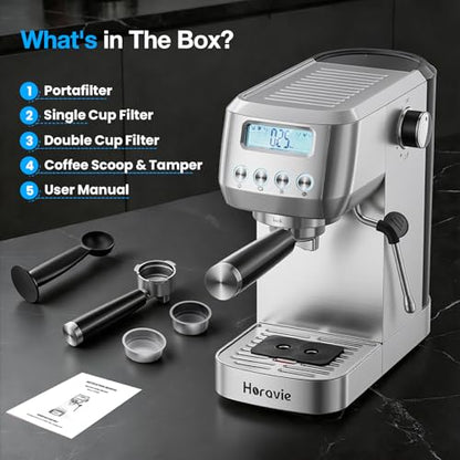 Horavie Ultra Espresso Machine with LCD Display, Espresso Maker with Powerful Milk Frother, Customizable Brewing Temperature, Professional Cappuccino & Latte Machine, Gift for Men & Women