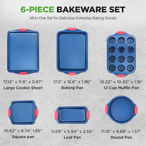 NutriChef 6-Piece Bakeware Set - Nonstick Carbon Steel Baking Pans with Red Silicone Handles, Blue Coating, Durable & Stain-Resistant, Perfect for Baking Cakes, Muffins, Cookies (Blue)
