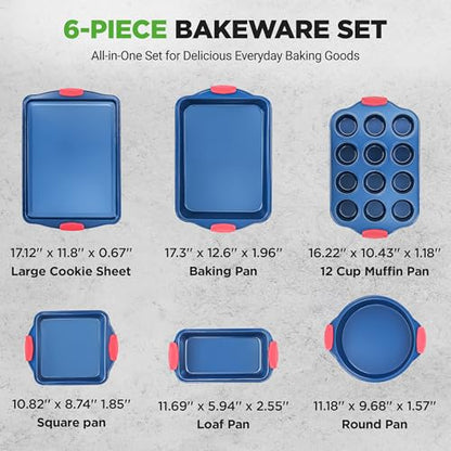 NutriChef 6-Piece Bakeware Set - Nonstick Carbon Steel Baking Pans with Red Silicone Handles, Blue Coating, Durable & Stain-Resistant, Perfect for Baking Cakes, Muffins, Cookies (Blue)